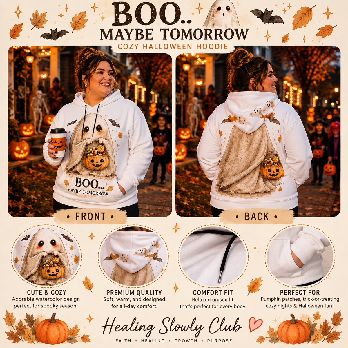 Boo… Maybe Tomorrow Halloween Hoodie With Ears | Cozy Ghost Hoodie
