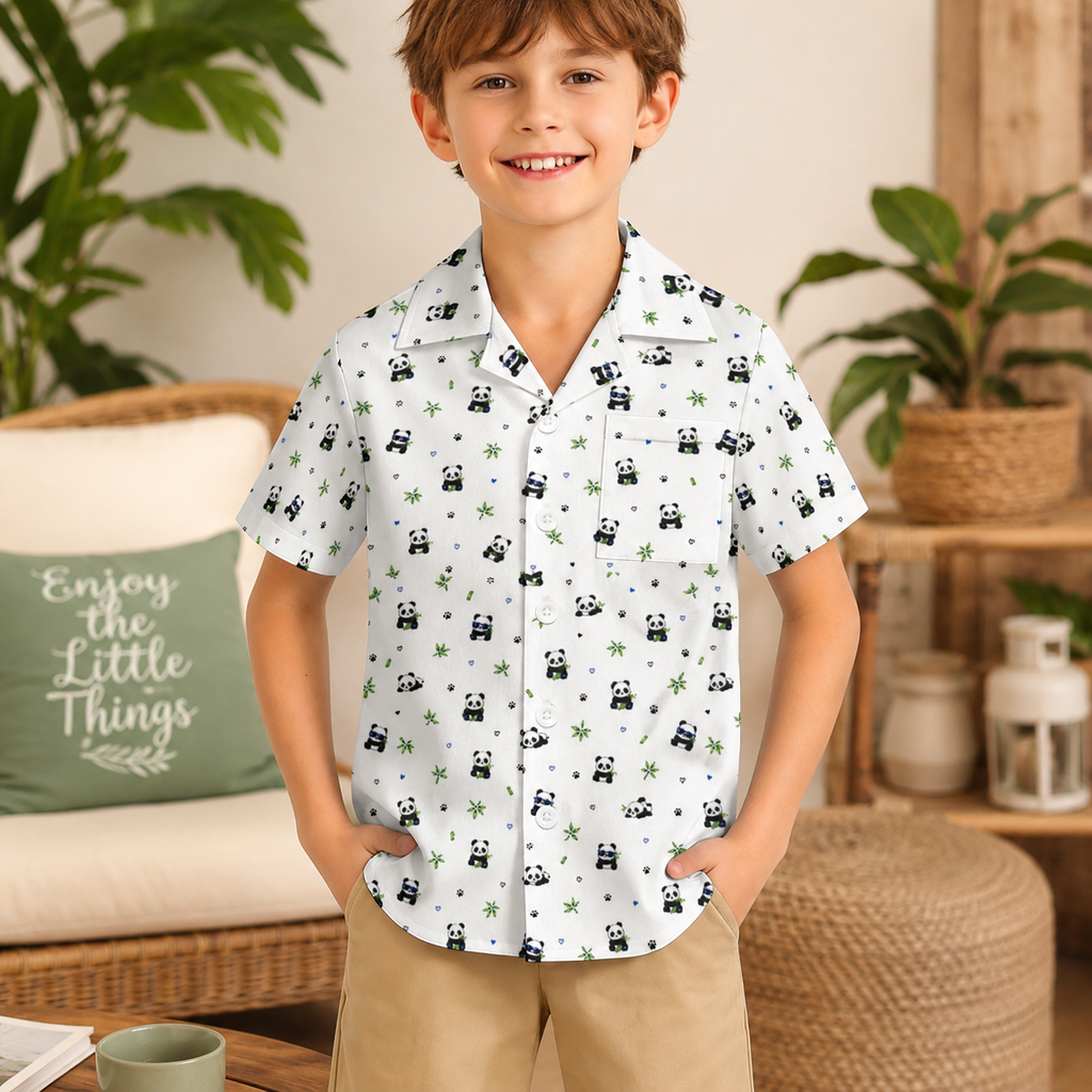 Kids Panda Print Cuban Collar Shirt | Lightweight Summer Shirt