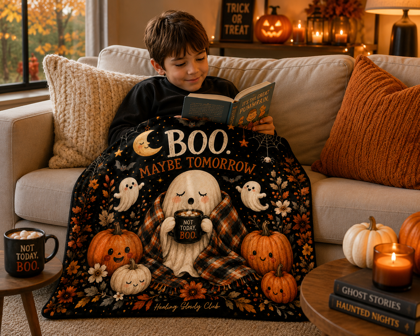 BOO. Maybe Tomorrow Halloween Ghost Throw Blanket