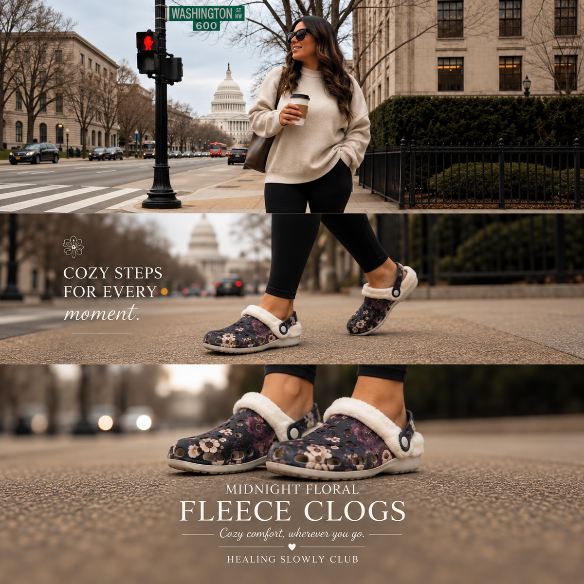 Midnight Floral Fleece Clogs – Women’s Cozy Slip-On Shoes