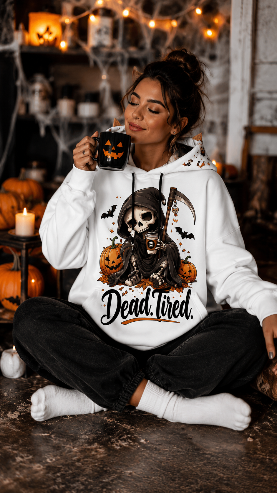 Dead Tired Halloween Hoodie With Ears | Grim Reaper