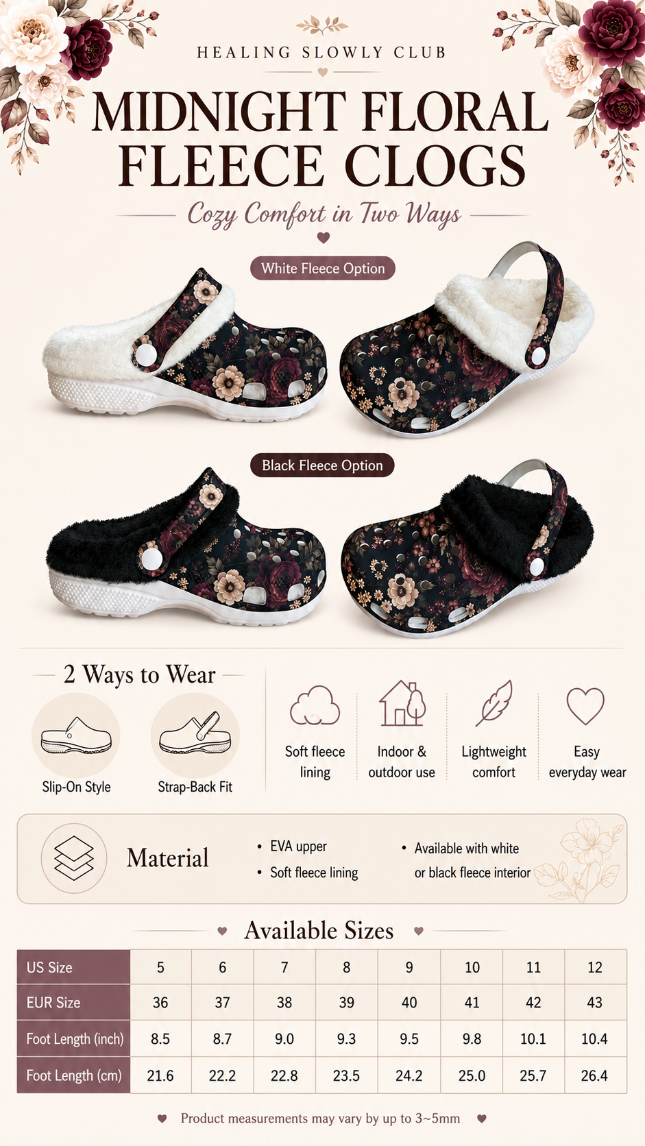 Midnight Floral Fleece Clogs – Women’s Cozy Slip-On Shoes