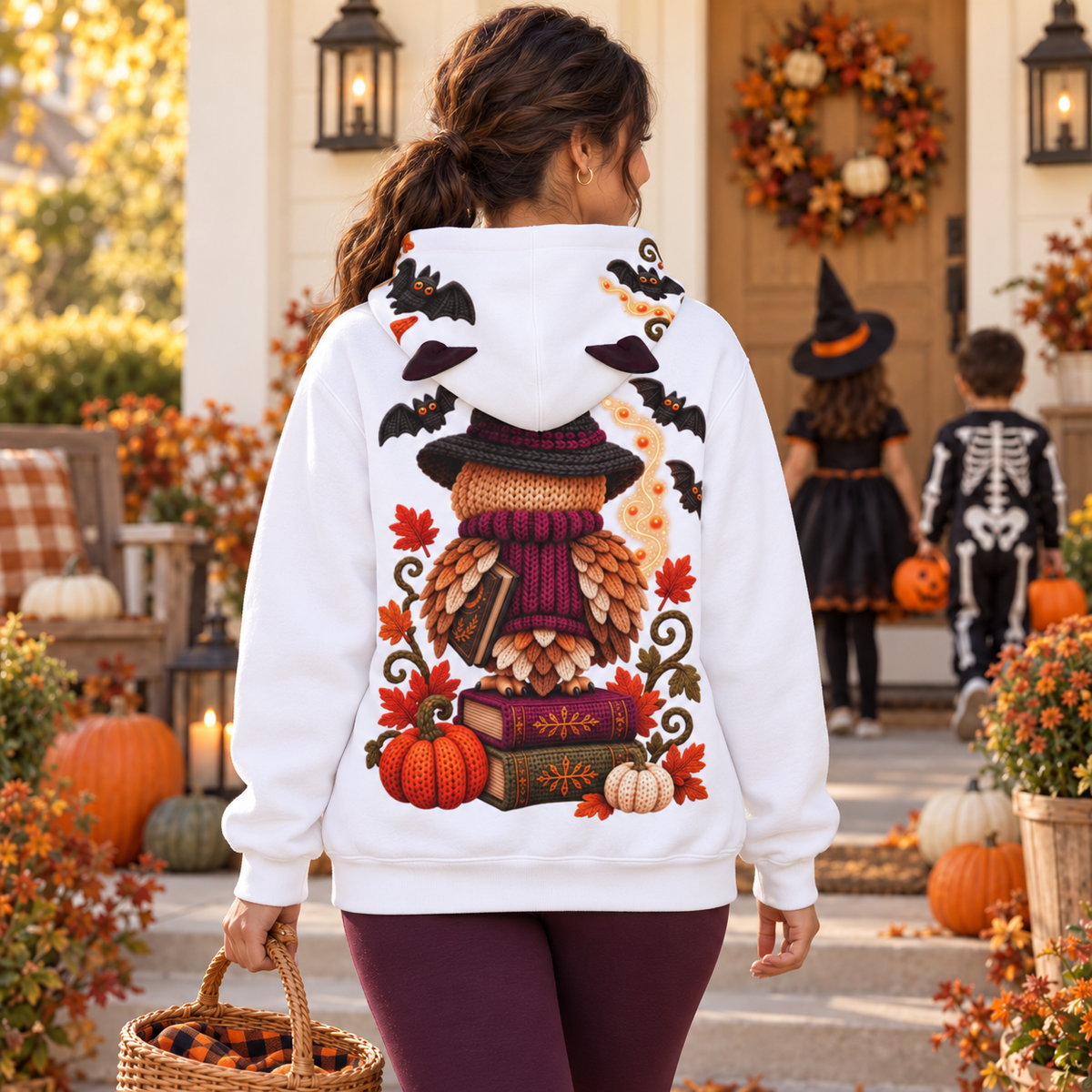 Cozy Witch Owl Halloween Hoodie with Decorative Ears