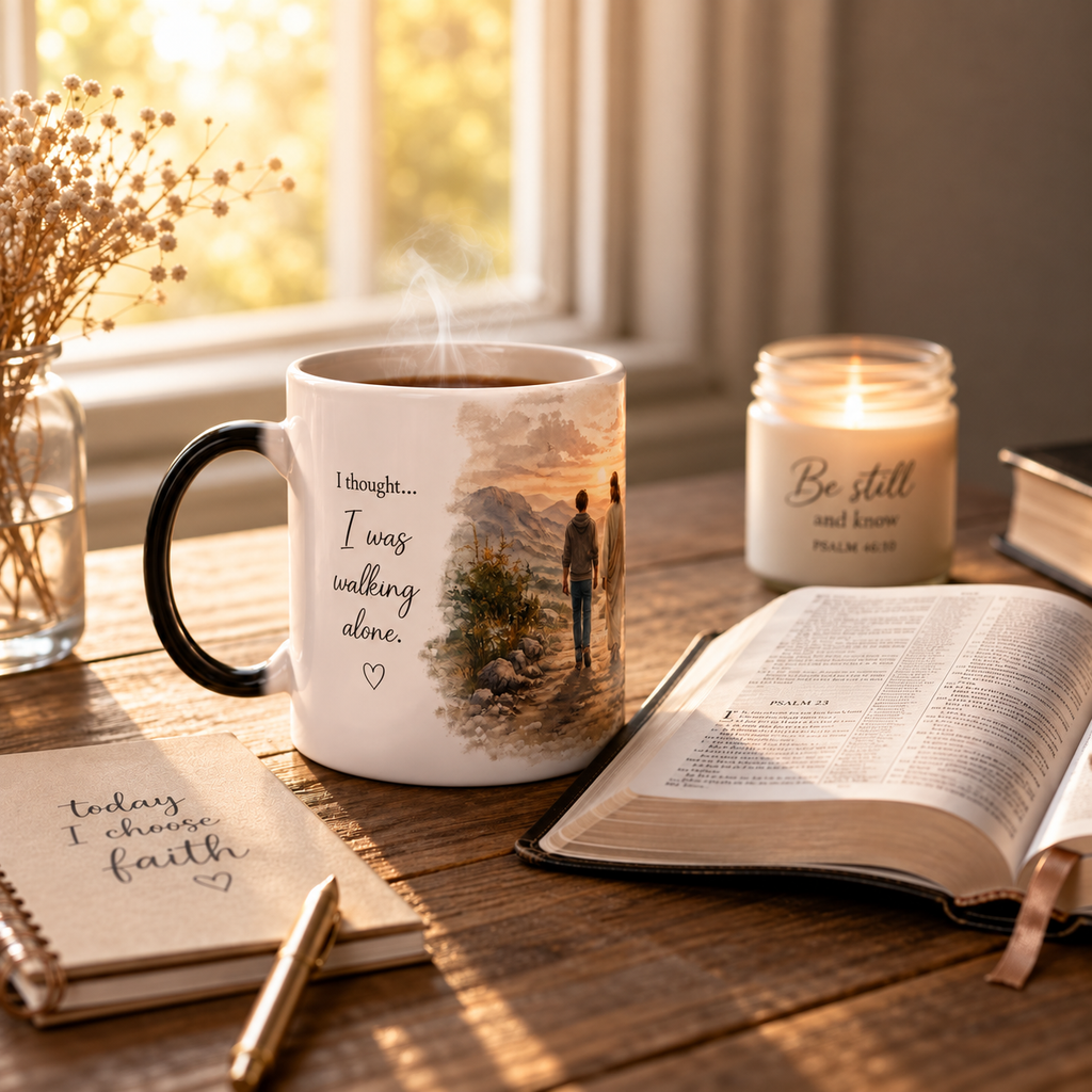 He Never Left™ Christian Magic Mug – Faith Story, 11 oz