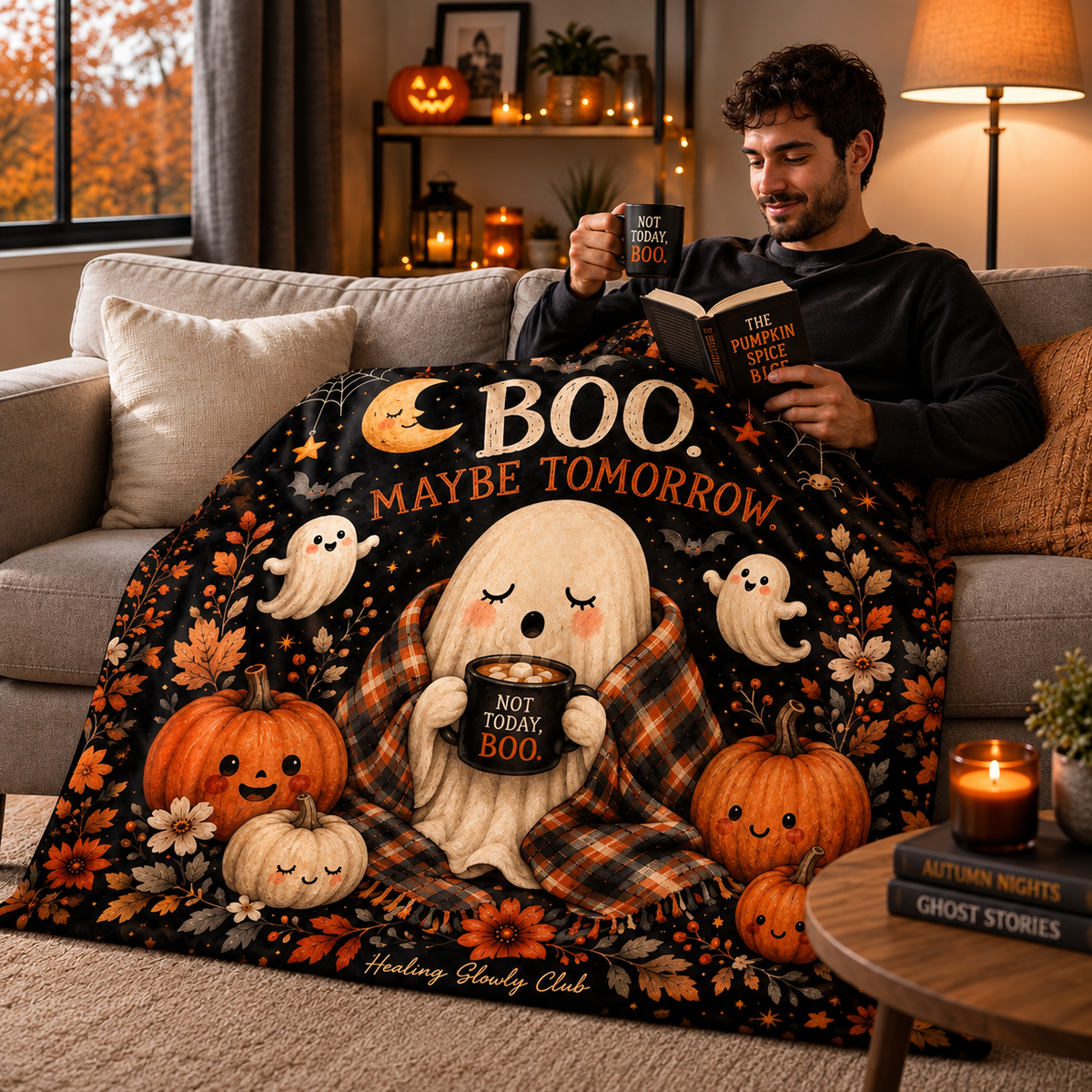 BOO. Maybe Tomorrow Halloween Ghost Throw Blanket