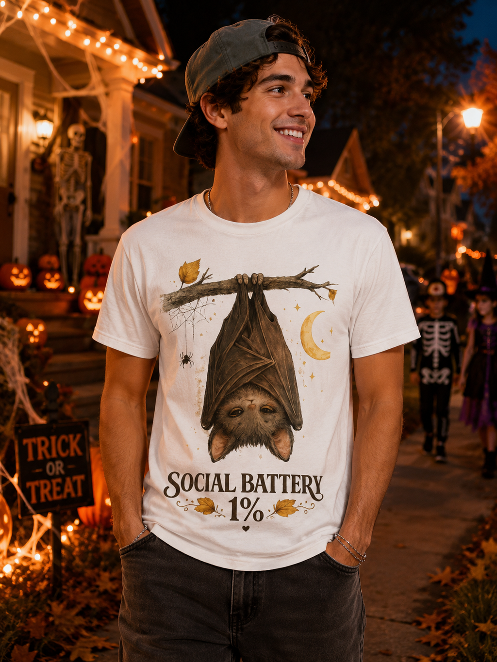 Social Battery 1%™ Cute Bat Halloween T-Shirt