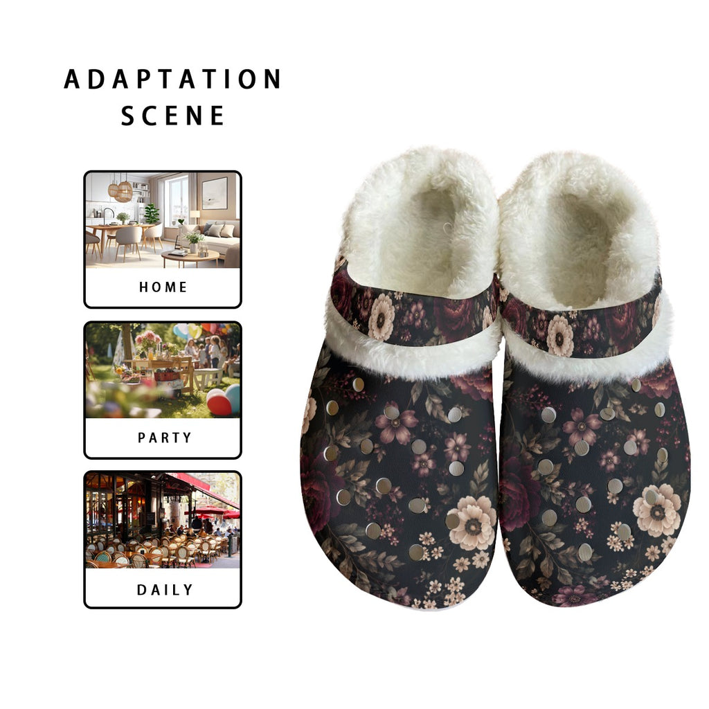 Midnight Floral Fleece Clogs – Women’s Cozy Slip-On Shoes