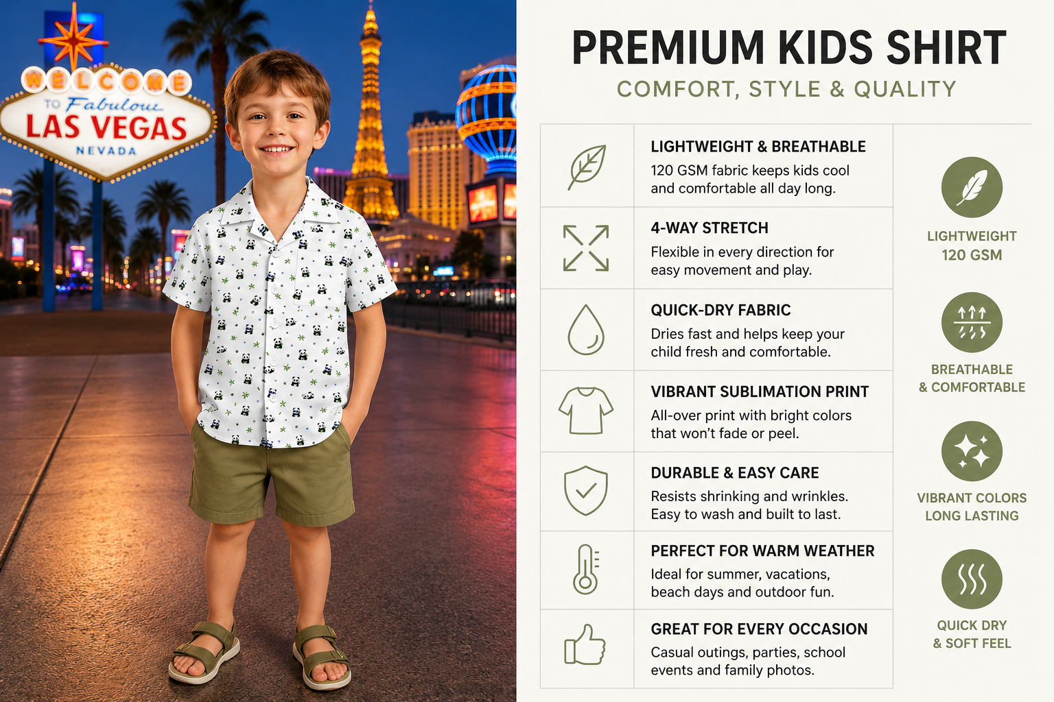 Kids Panda Print Cuban Collar Shirt | Lightweight Summer Shirt