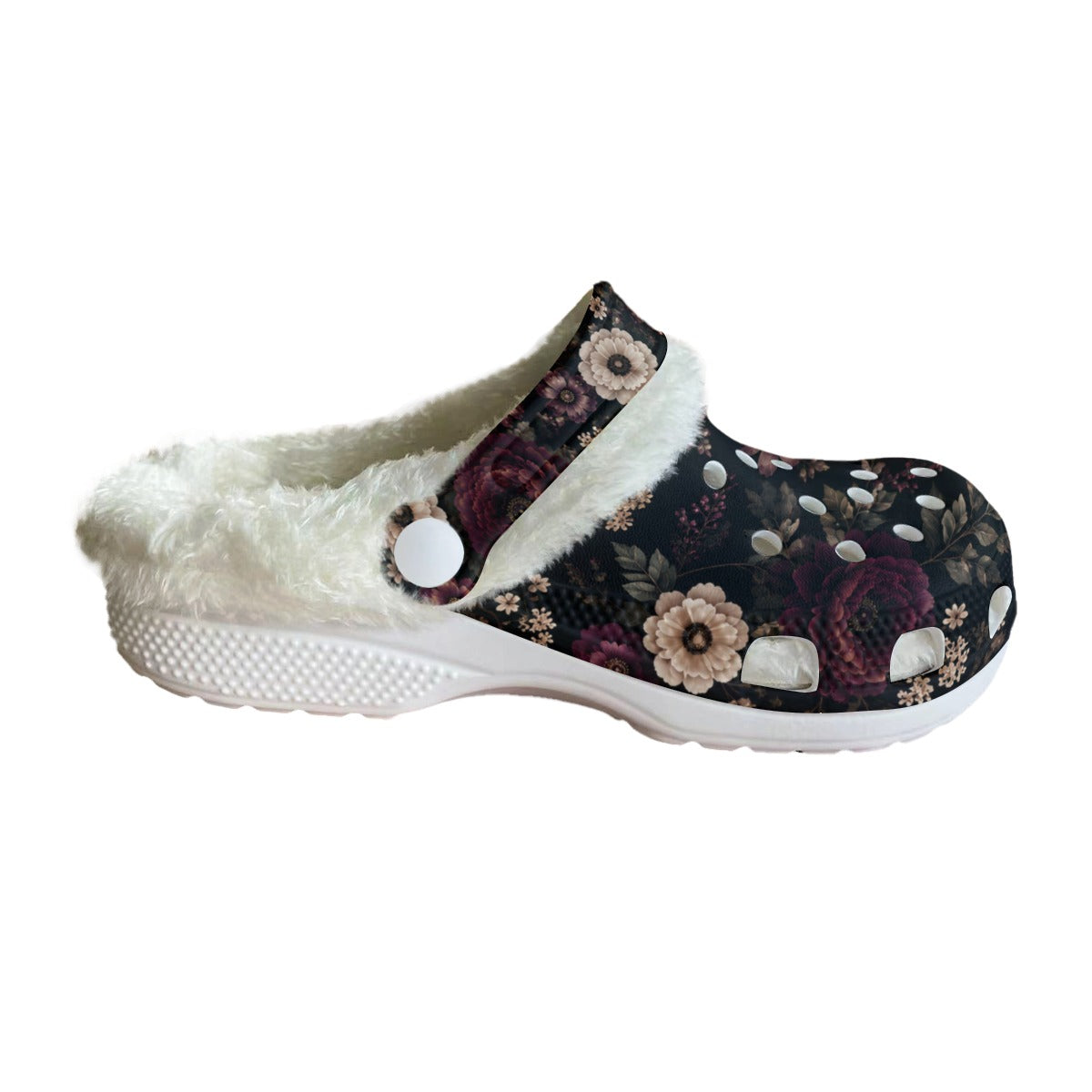 Midnight Floral Fleece Clogs – Women’s Cozy Slip-On Shoes