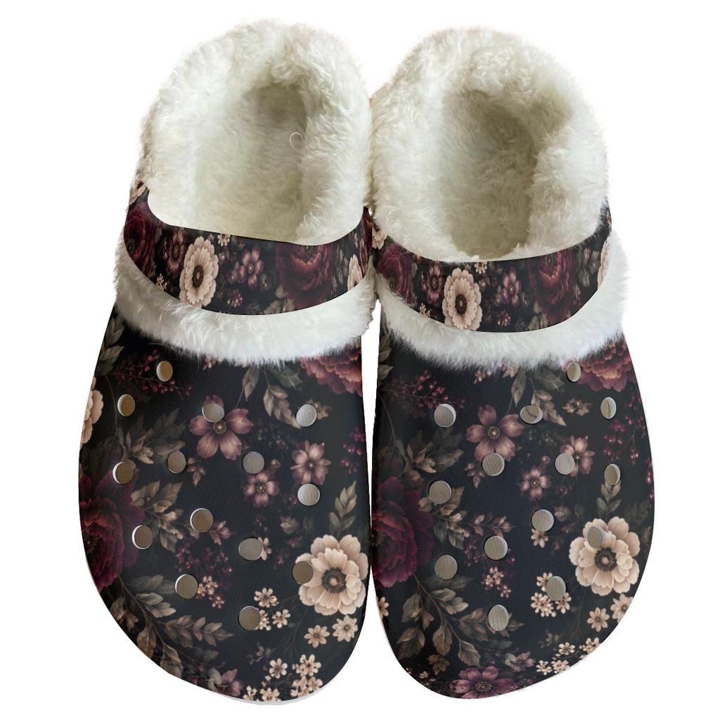 Midnight Floral Fleece Clogs – Women’s Cozy Slip-On Shoes