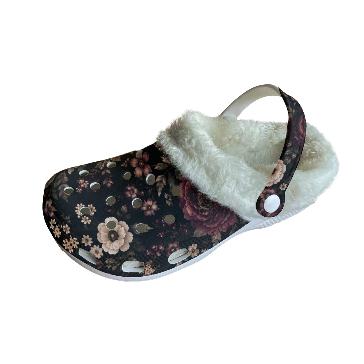 Midnight Floral Fleece Clogs – Women’s Cozy Slip-On Shoes