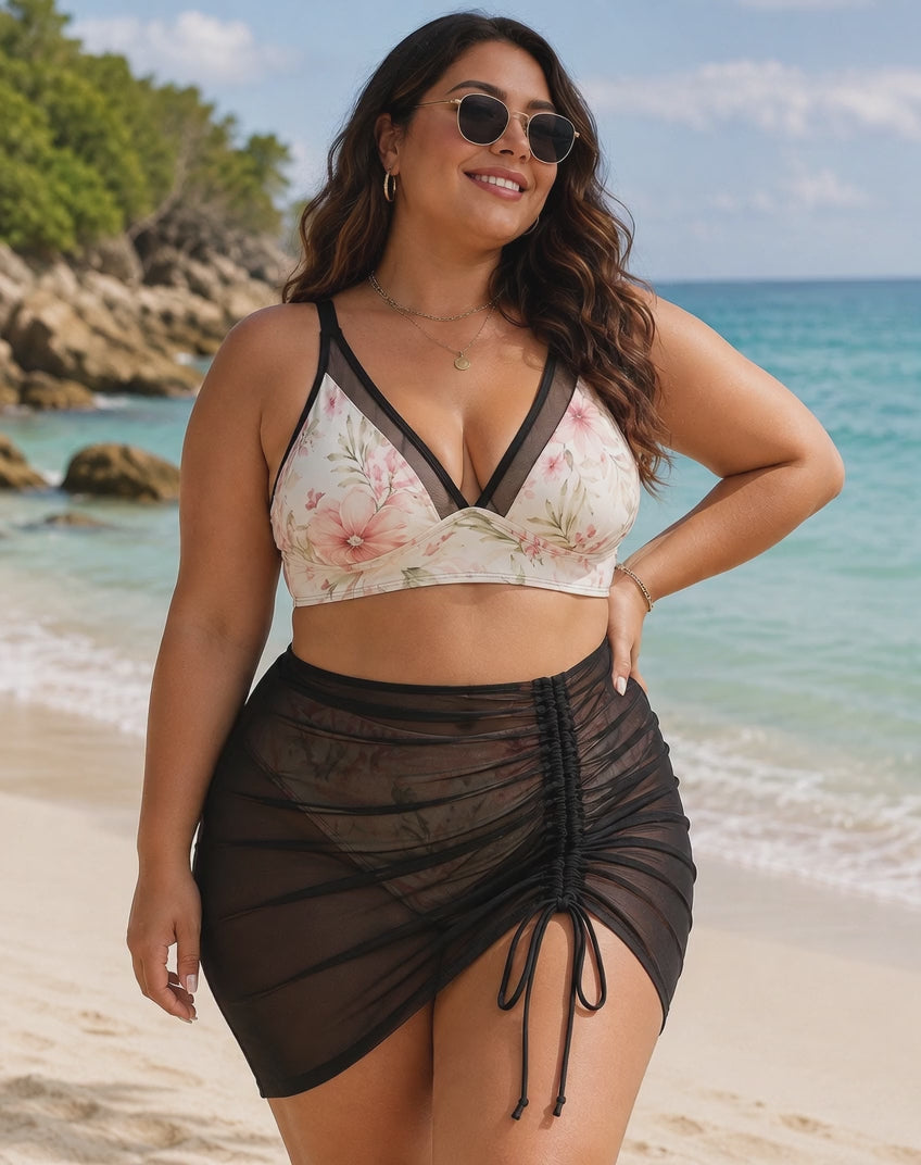 Floral Bikini Set with Attached Black Mesh Skirt – 2-Piece Swimwear