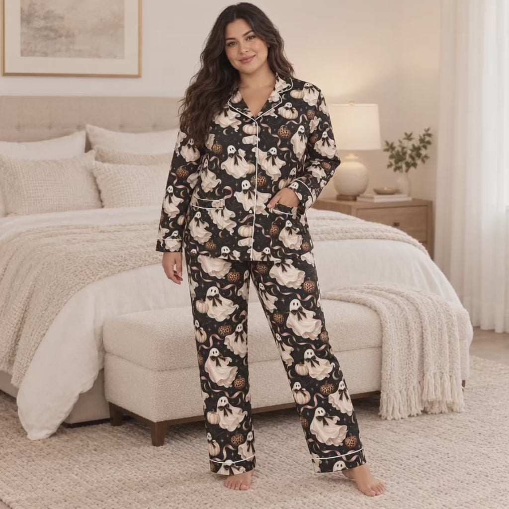Boo Noir Luxury Halloween Satin Pajama Set for Women