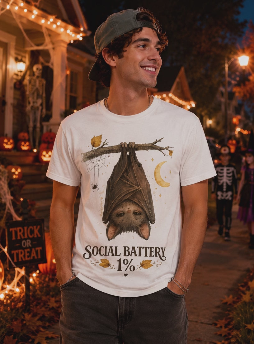 Social Battery 1%™ Cute Bat Halloween T-Shirt