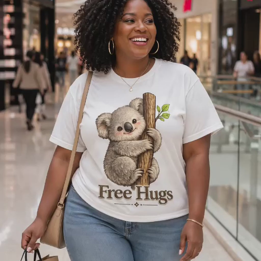 Free Hugs Koala T-Shirt | Cute Animal Graphic Tee for Women