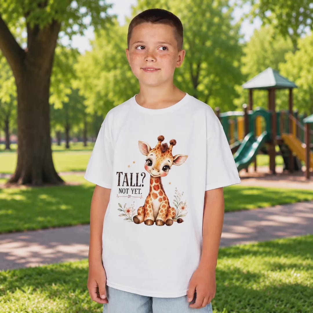 Kids Giraffe T-Shirt – “Tall? Not Yet.” Cute Giraffe Tee