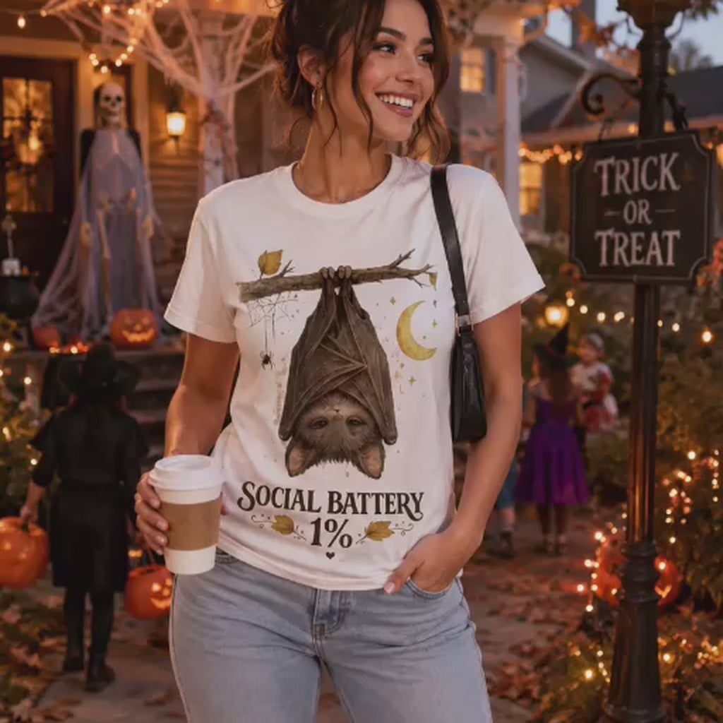 Social Battery 1%™ Cute Bat Halloween T-Shirt