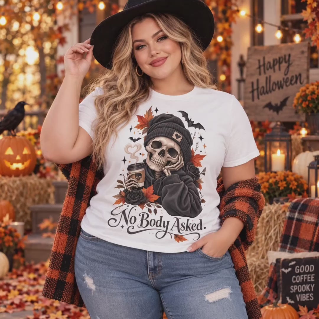 “No Body Asked” Skeleton Graphic T-Shirt – Women’s Cotton Tee