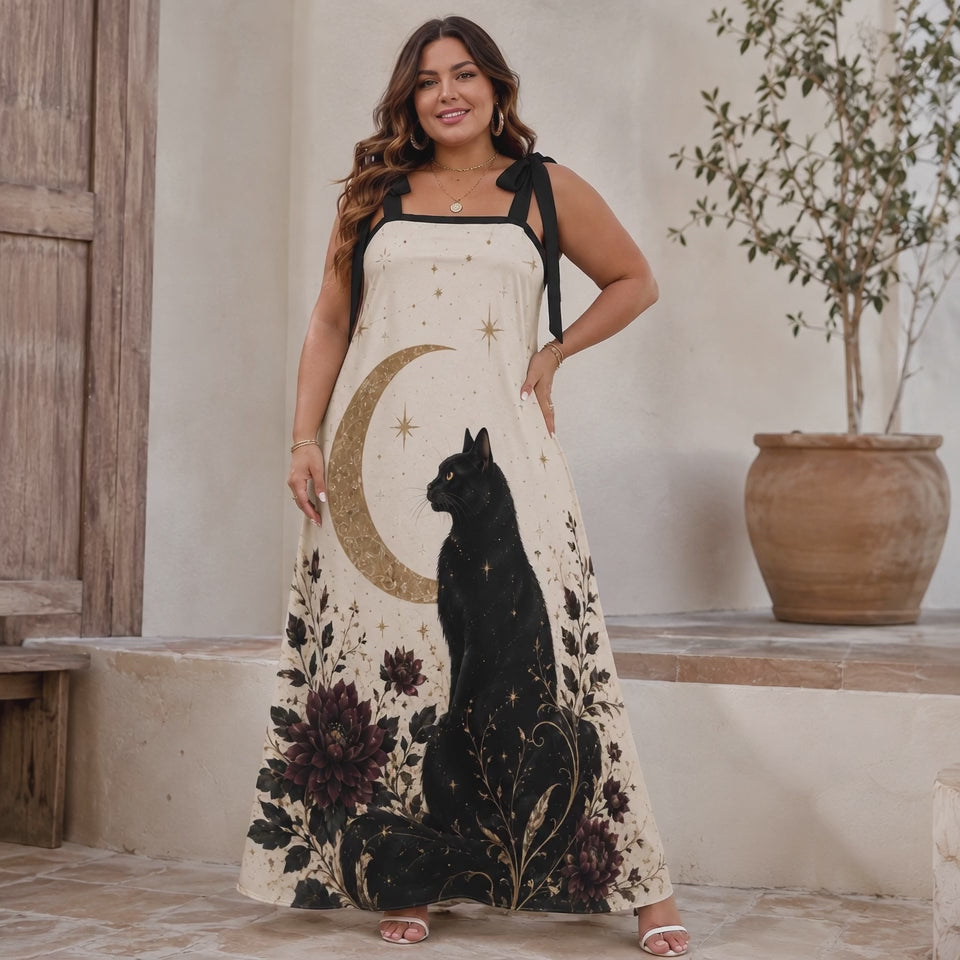 Celestial Black Cat Moon Floral Maxi Dress