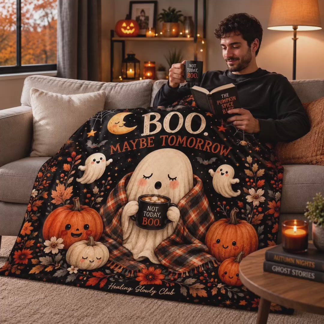 BOO. Maybe Tomorrow Halloween Ghost Throw Blanket