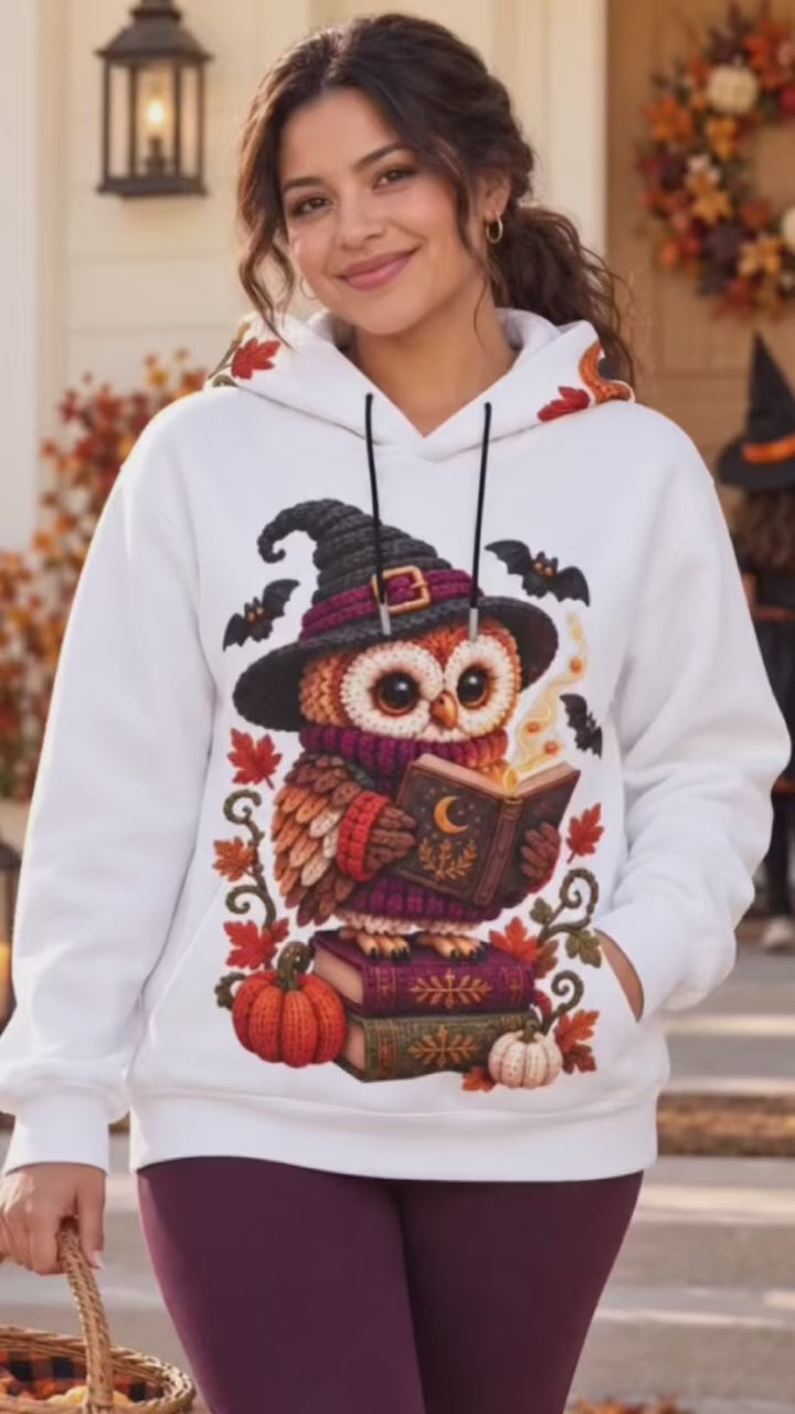 Cozy Witch Owl Halloween Hoodie with Decorative Ears