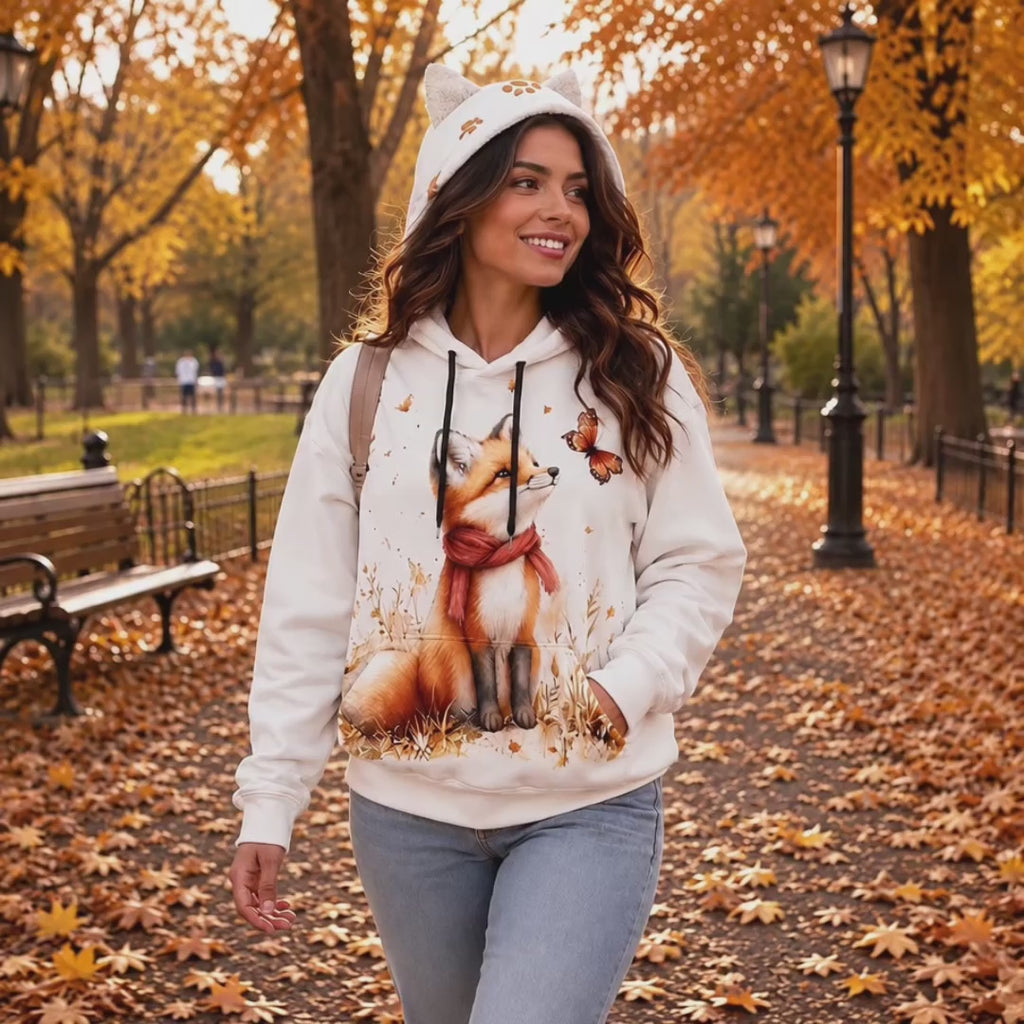 Cozy Fox Hoodie with Ears – Autumn Cottagecore Women’s Hoodie