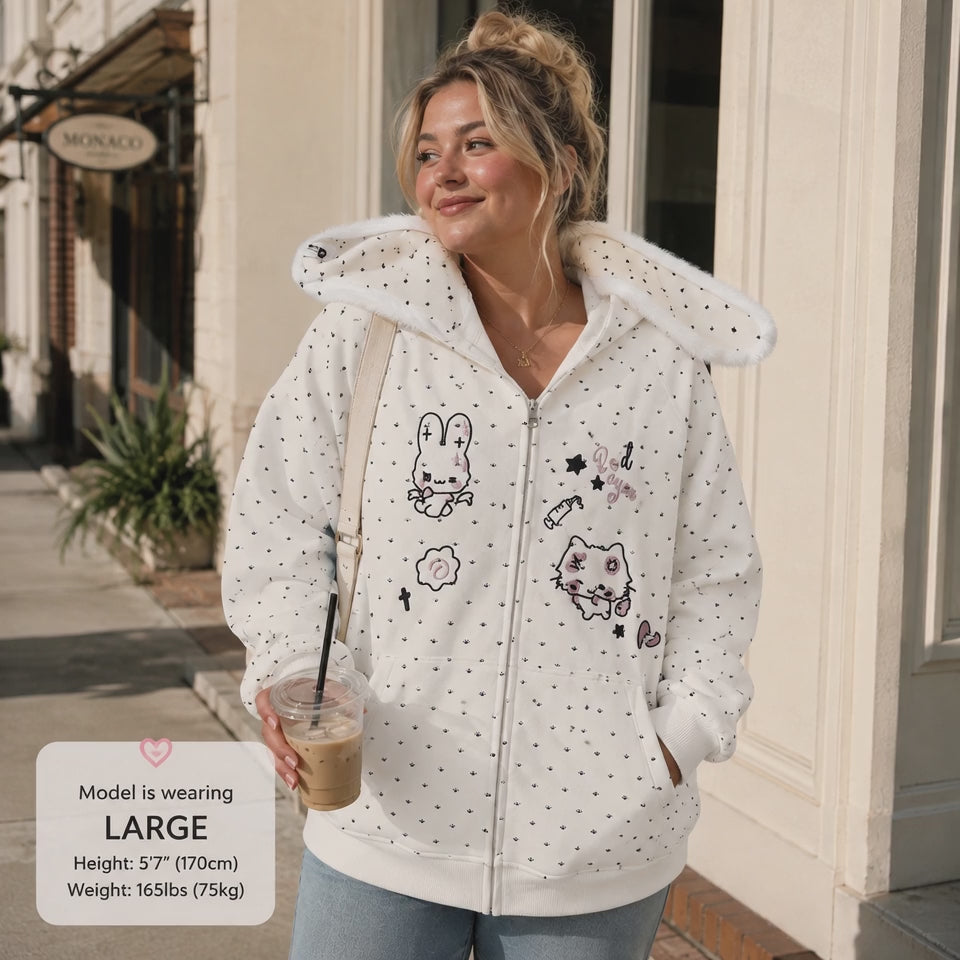 Plush Bunny Ear Zip Hoodie – Cozy Oversized Rabbit Hoodie