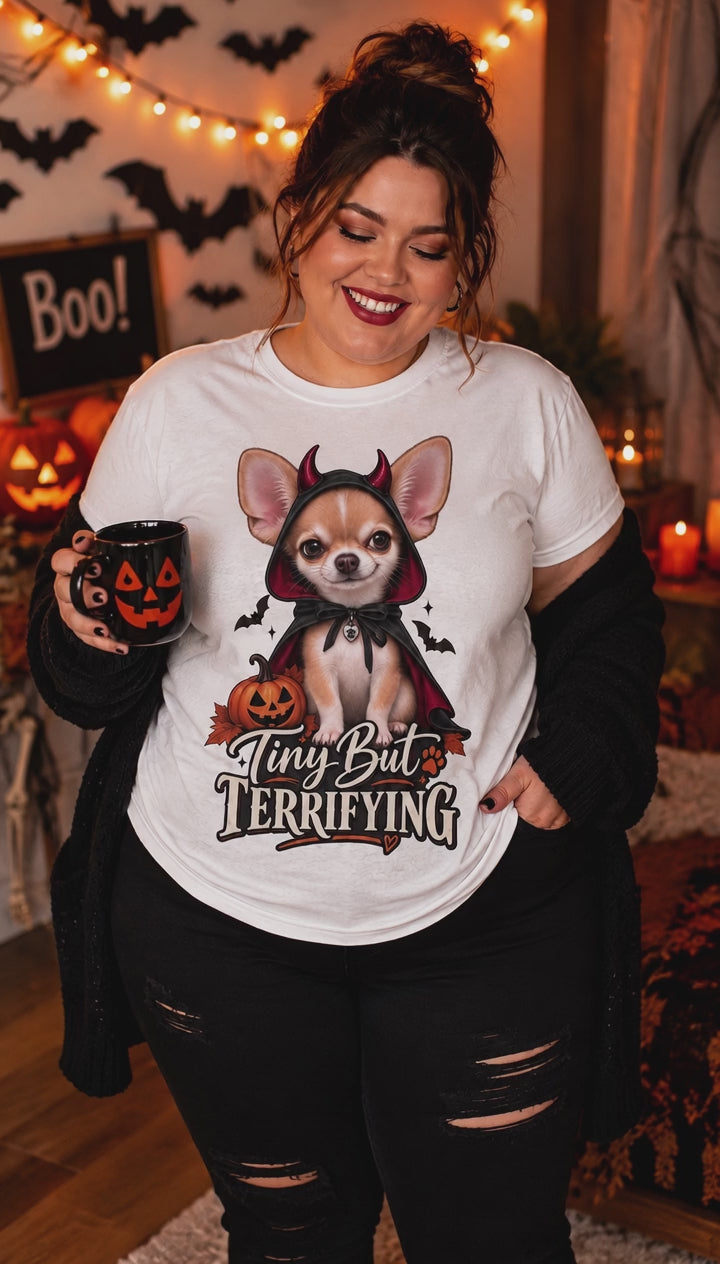 “Tiny But Terrifying” Chihuahua Halloween T-Shirt – Women’s Cotton Tee