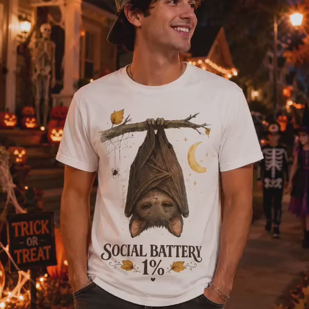 Social Battery 1%™ Cute Bat Halloween T-Shirt