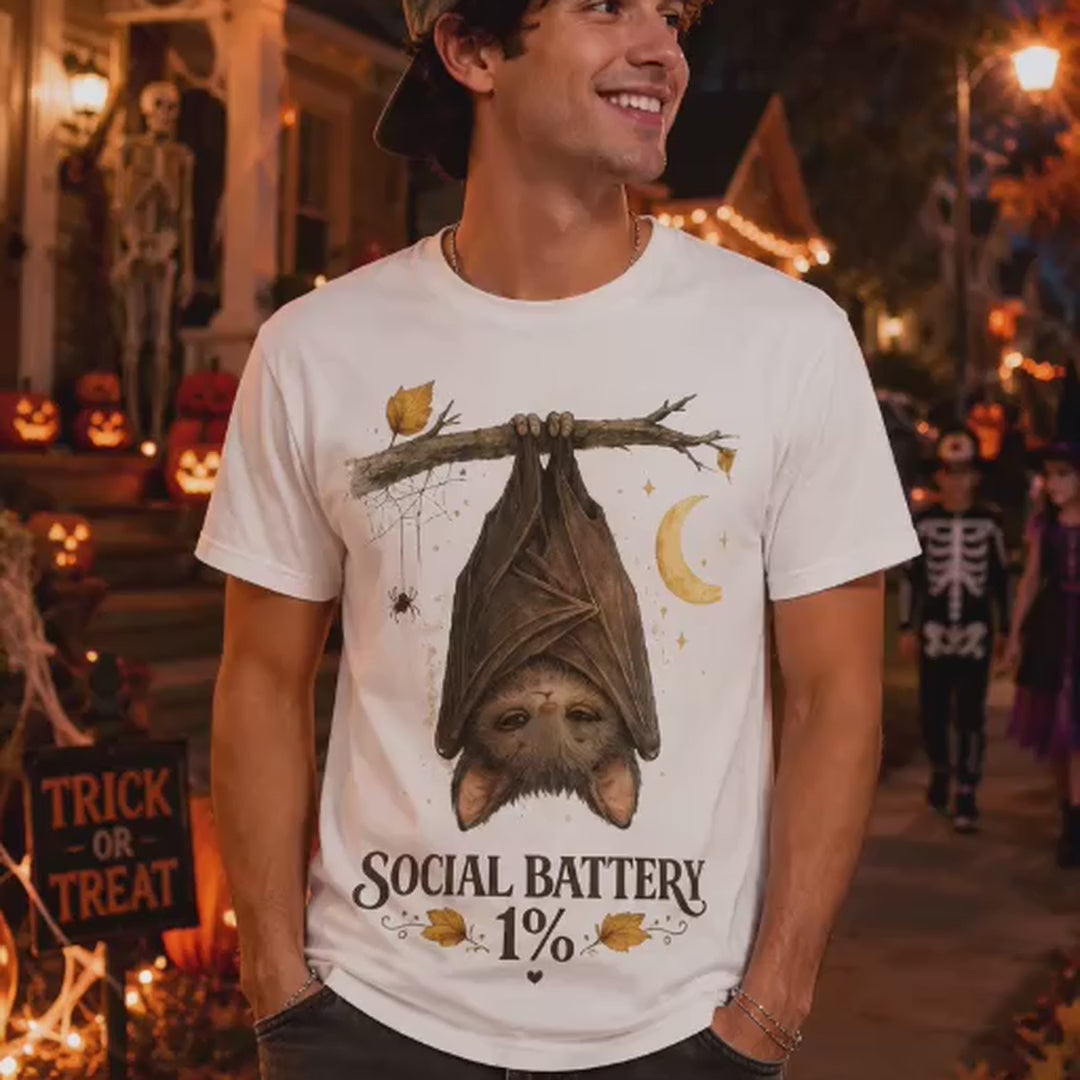 Social Battery 1%™ Cute Bat Halloween T-Shirt